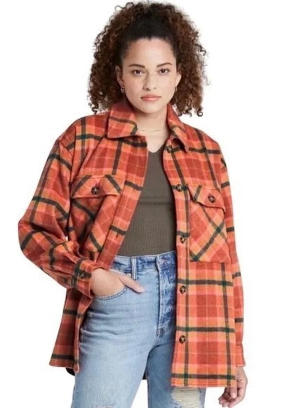Wild Fable Orange and Pink Plaid Oversized Flannel Shirt Jacket Size Small